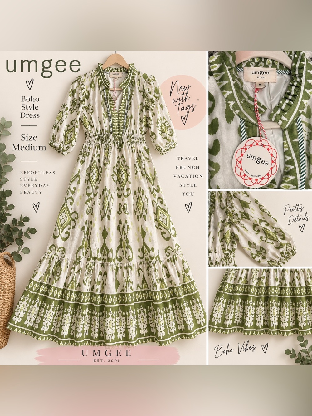 Umgee Green Cream Boho Modest Midi Dress Medium NWT Ruffle Tiered